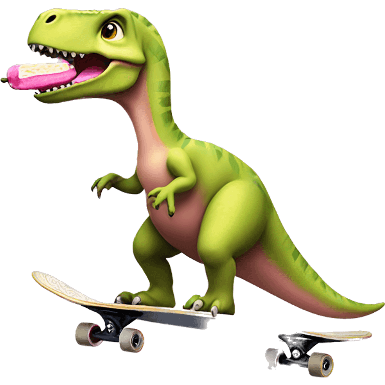 dinosaur on skateboard with pink skirt and pink bow eating a banana  emoji