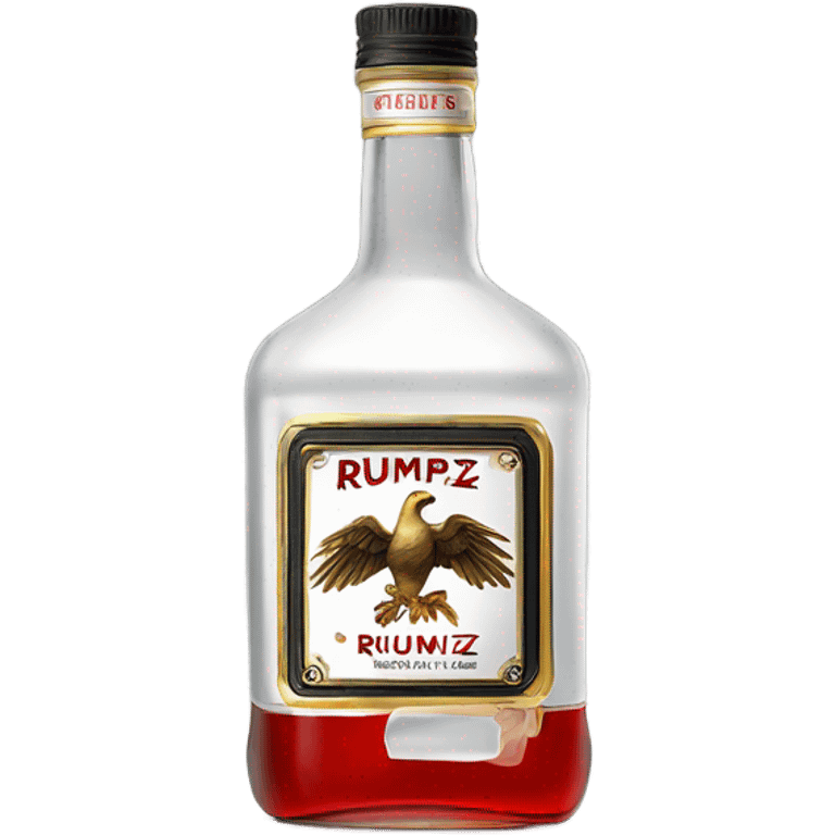 clear bottle of rumpleminze clear alcohol with a label that black with red border and font that has a small gold eagle on the label that says “RUMPZ” emoji