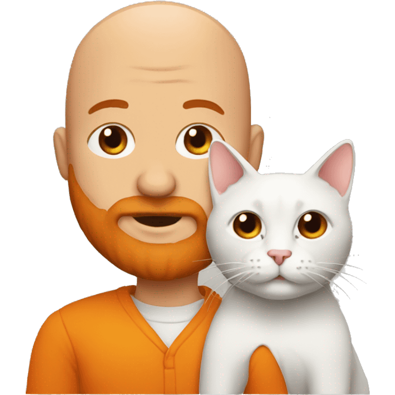 A bald man with a big orange beard holding a cat emoji