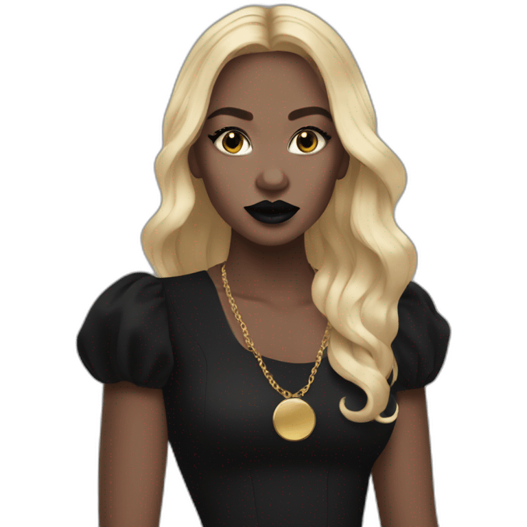 white girl with gold hoop earrings wearing black dress and long hair black lipstick emoji