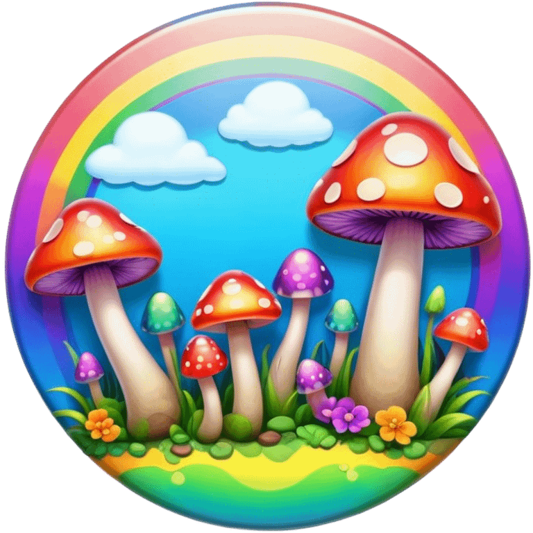 A round psychedelic colored button with bezeled edges and rainbow colored mushrooms emoji