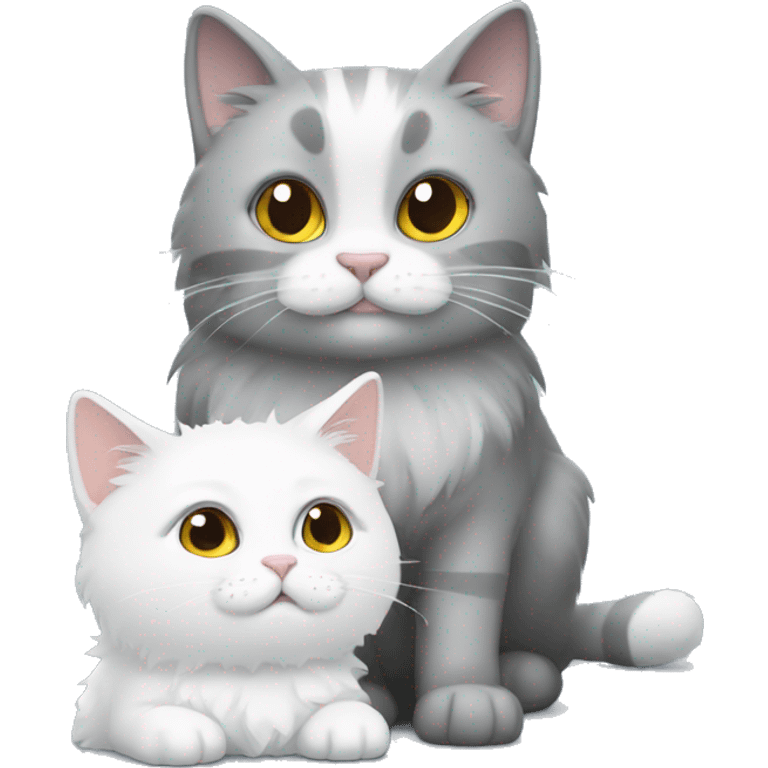 A Fluffy grey cat and a white cat emoji