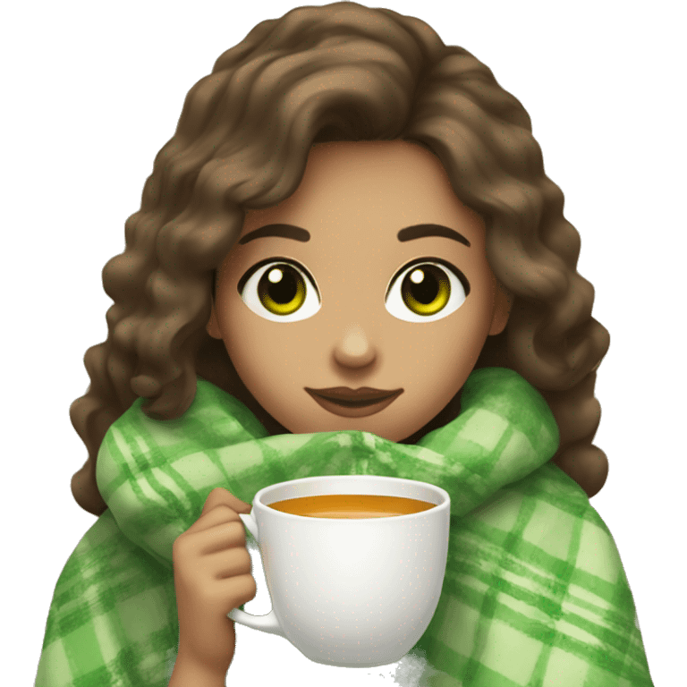 Girl with brown hair, light skin and green eyes drink a hot tea with a blanket emoji