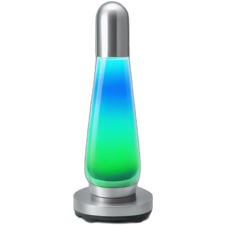 blue and green lava lamp with silver base and top emoji