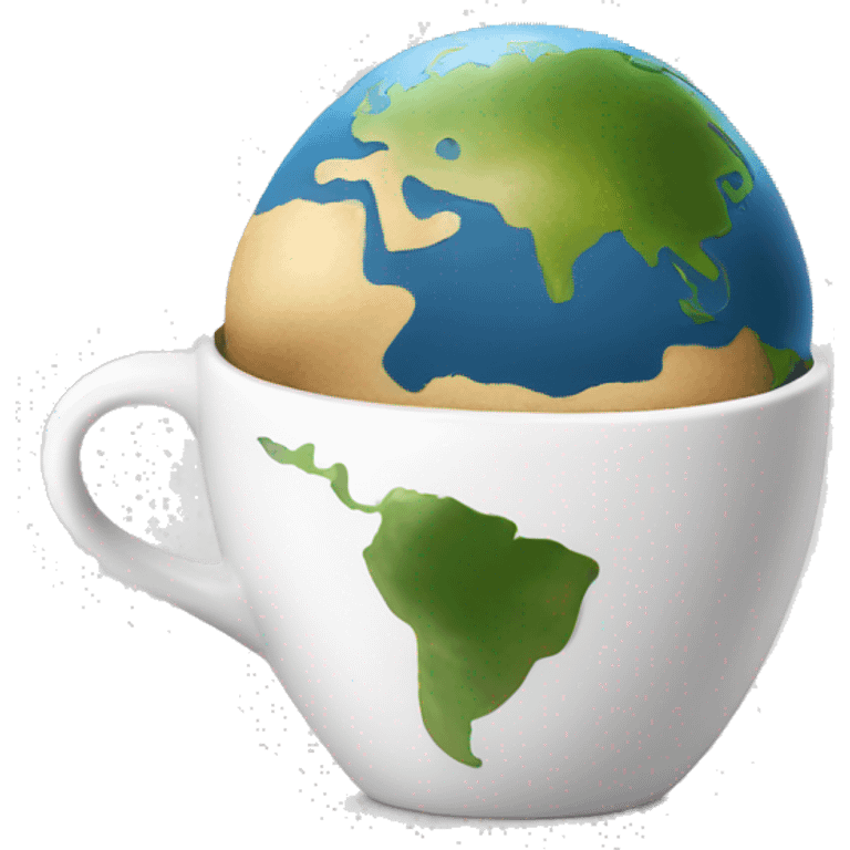 A small white coffee cup with a larger Earth inside, symbolizing global conversation emoji