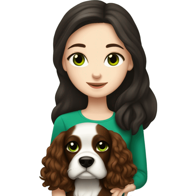 pale skin girl with green eyes with long dark brown hair that has a flower in her hair  snuggling a black and brown cavalier dog the dog also has a flower in its hair emoji