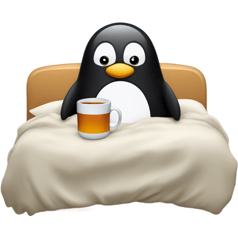 cozy penguin in bed with tea emoji