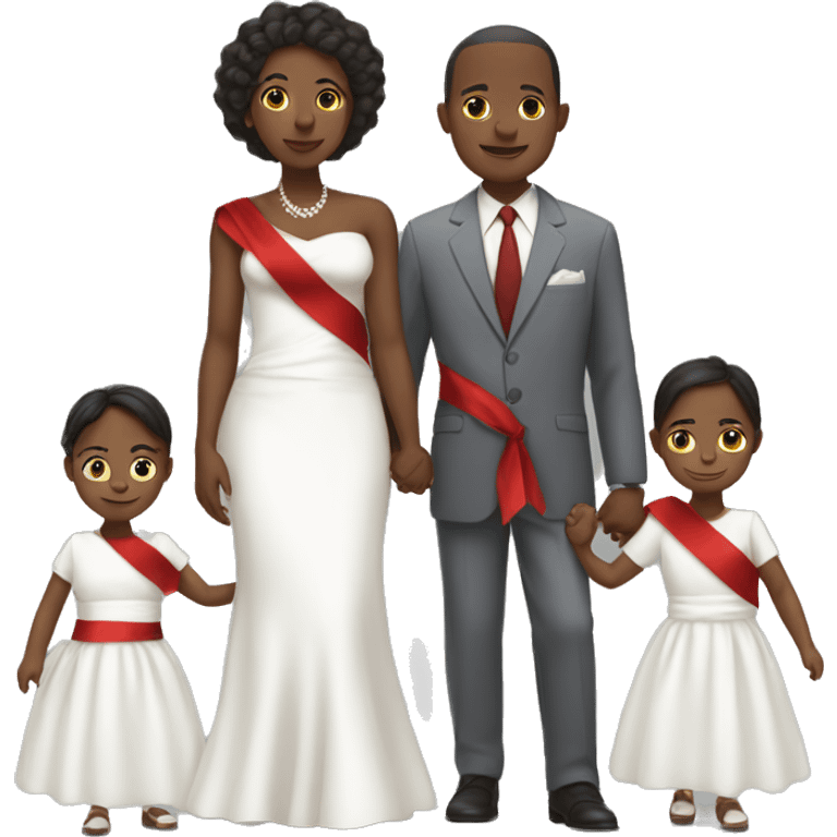 African american woman with white dress and red sash holding hands with 2 sons in suits and 2 daughters in white dresses emoji