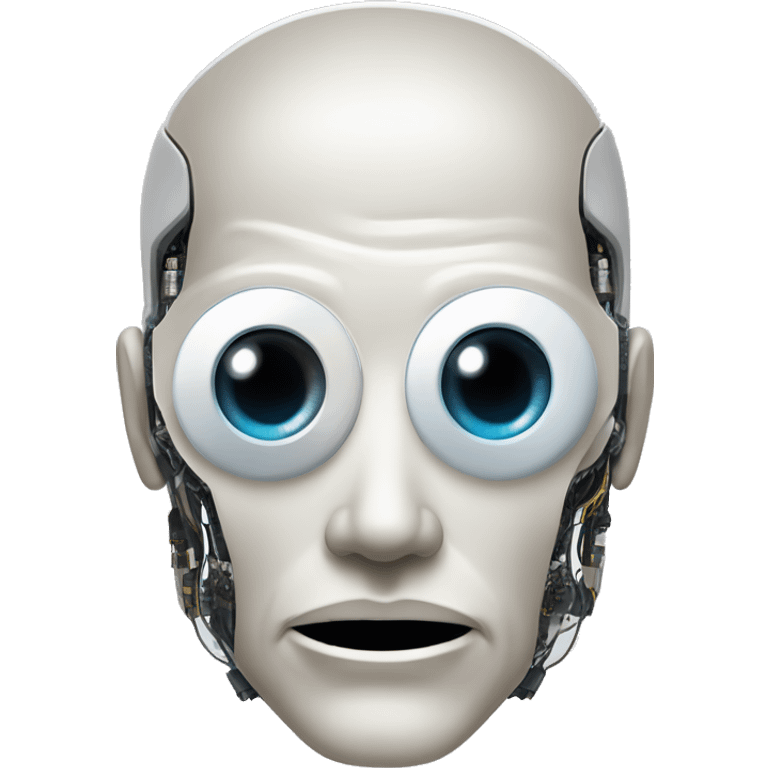 Flat white plating on cyborg head with  one artificial eyeball, circuitry, goatee emoji