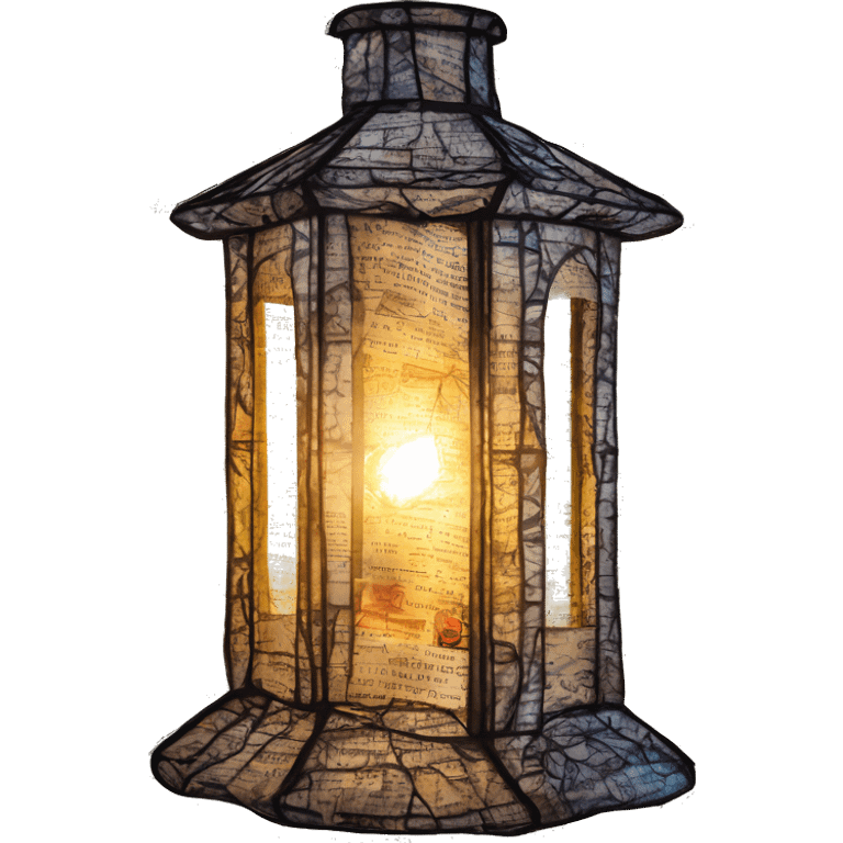 Glowing lantern Shakespeare made of newspaper and bokeh fairy lights, stained glass, fairy lights, bokeh, annotated sketch, handwritten letters, collage of intricate patterns, lantern, bokeh emoji