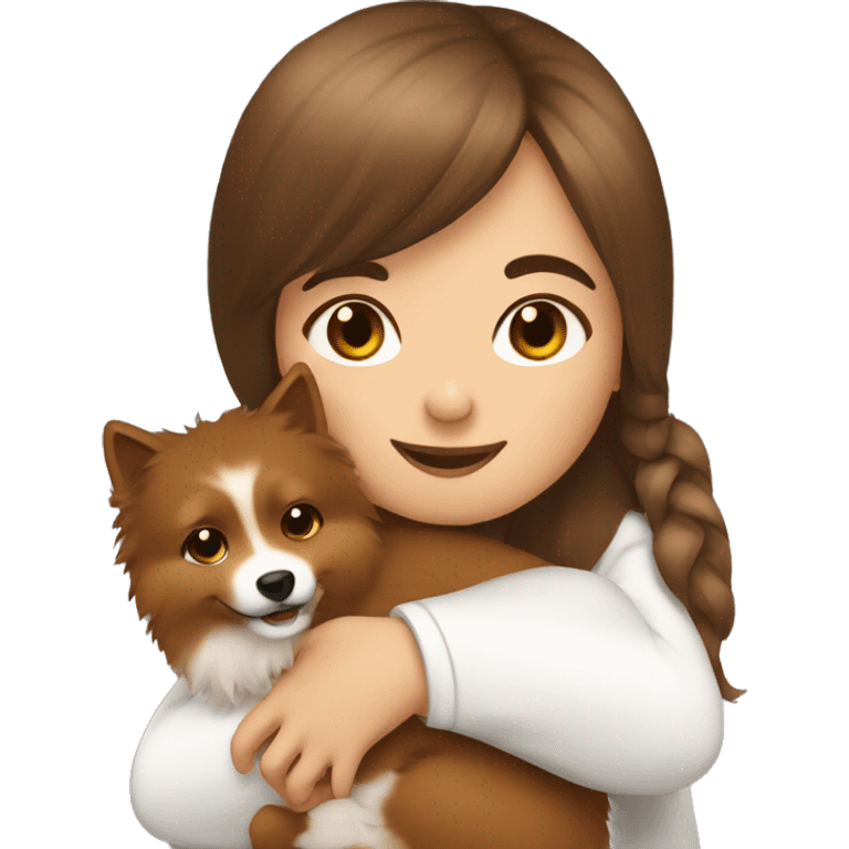 Girl with brown hairs hugs little spitz emoji