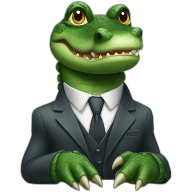 An alligator wearing a suit sitting on a table looking straight emoji