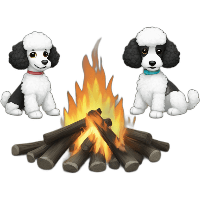 Two Black and one white poodle gathered around campfires emoji