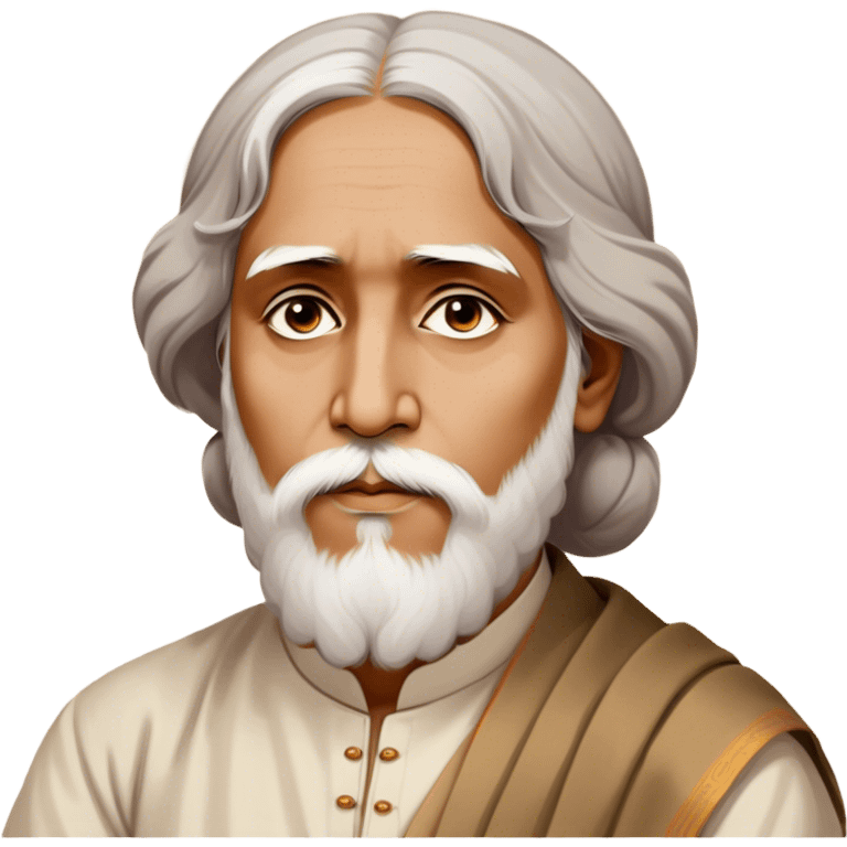 Rabindranath Tagore – Cinematic Realistic Portrait of Rabindranath Tagore, depicted with thoughtful, soulful eyes and gentle features, dressed in traditional Bengali attire with subtle artistic motifs, bathed in warm, soft lighting that evokes his poetic genius and timeless wisdom. emoji