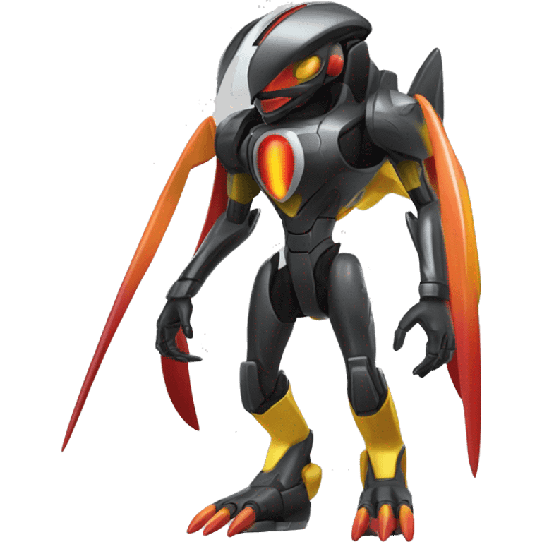 a shiny metallic black-red-orange-yellow Genesect-Flygon-Raptor-Fakémon-Medabot-hybrid with a futuristic visor-helmet full body emoji