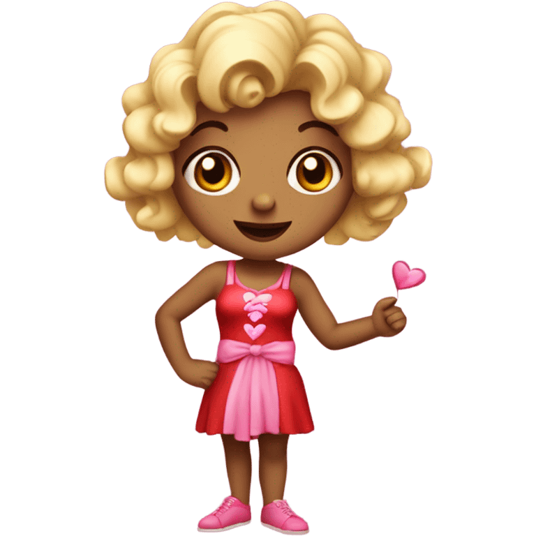 Realistic isolated female cupid character with short curly blonde hair holding up peace fingers with red and pink outfit and red bow in her hair. emoji