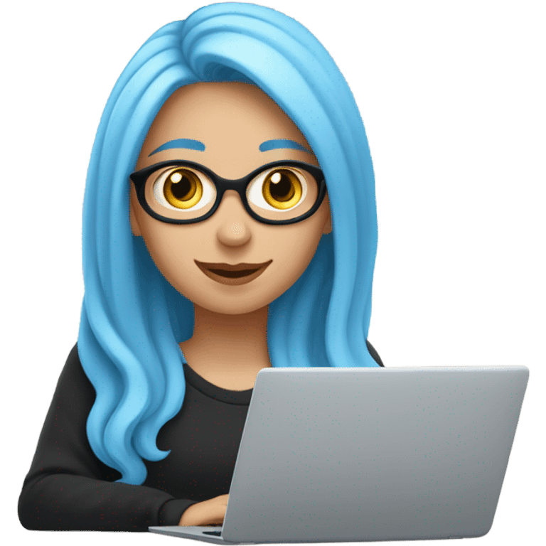 a white girl with long blue hair in a black sweatshirt is sitting at a laptop emoji