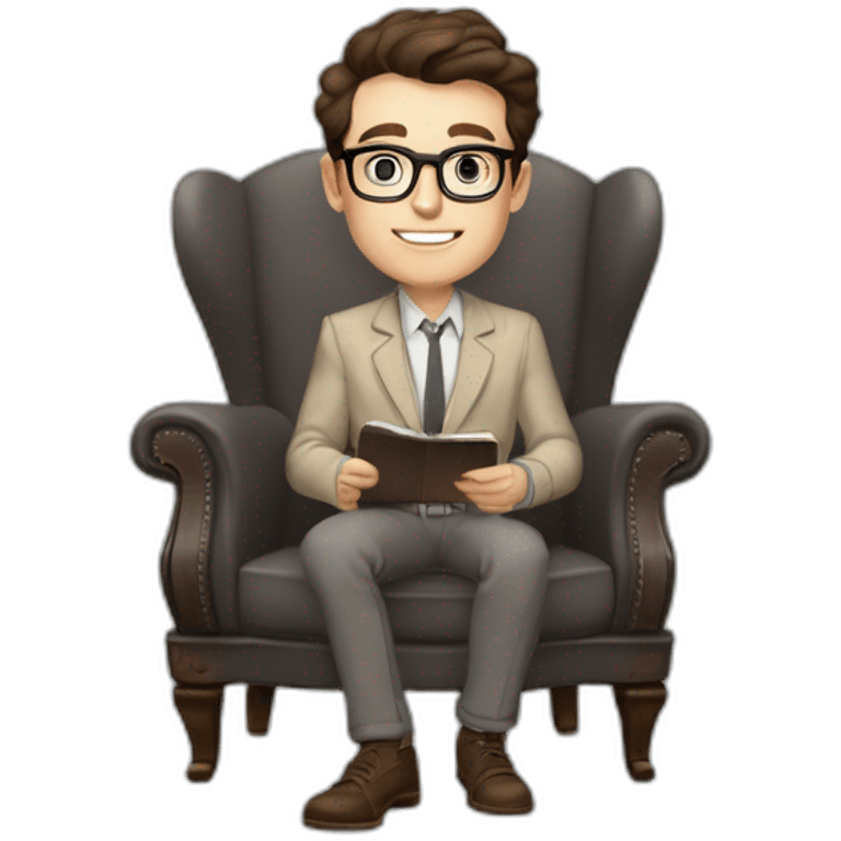 Pale skinned Fit Man With dark brown hair in gray jacket, beige office shirt, Brown pants and vintage glasses sitting In a soft chair with a notebook on spring with emblem Ψ and a pen emoji