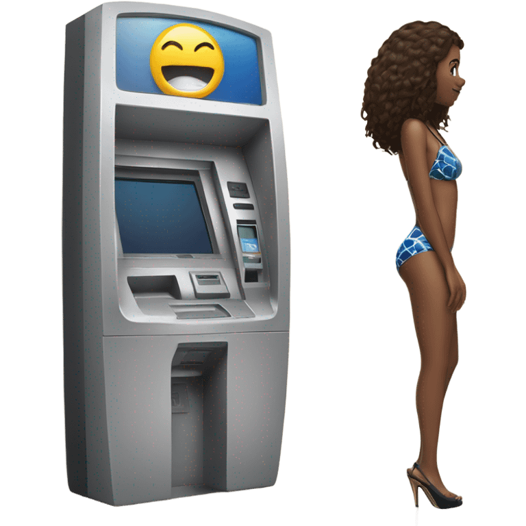 Girl in swimming suit and platform heels waiting for a man using an ATM emoji