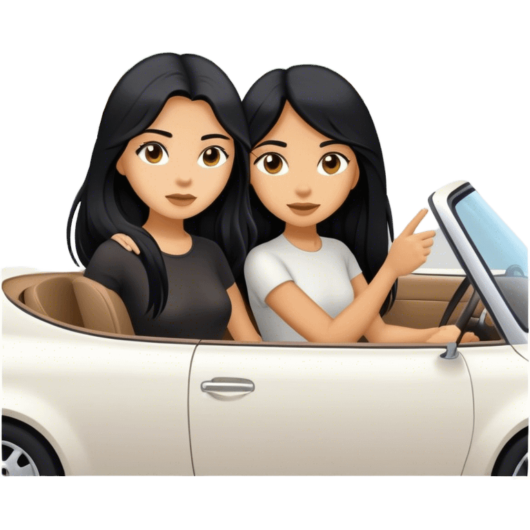 Two girls both with black long hair in a white car driving to a destination emoji