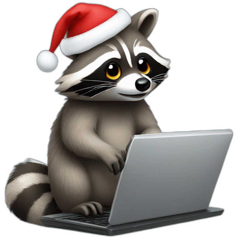 Raccoon typing on a laptop with christmas hat emoji