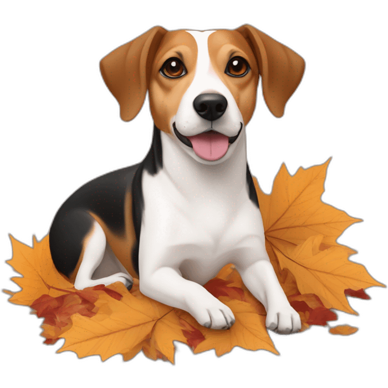 older beagle jack russell mix dog laying in fall leaves emoji