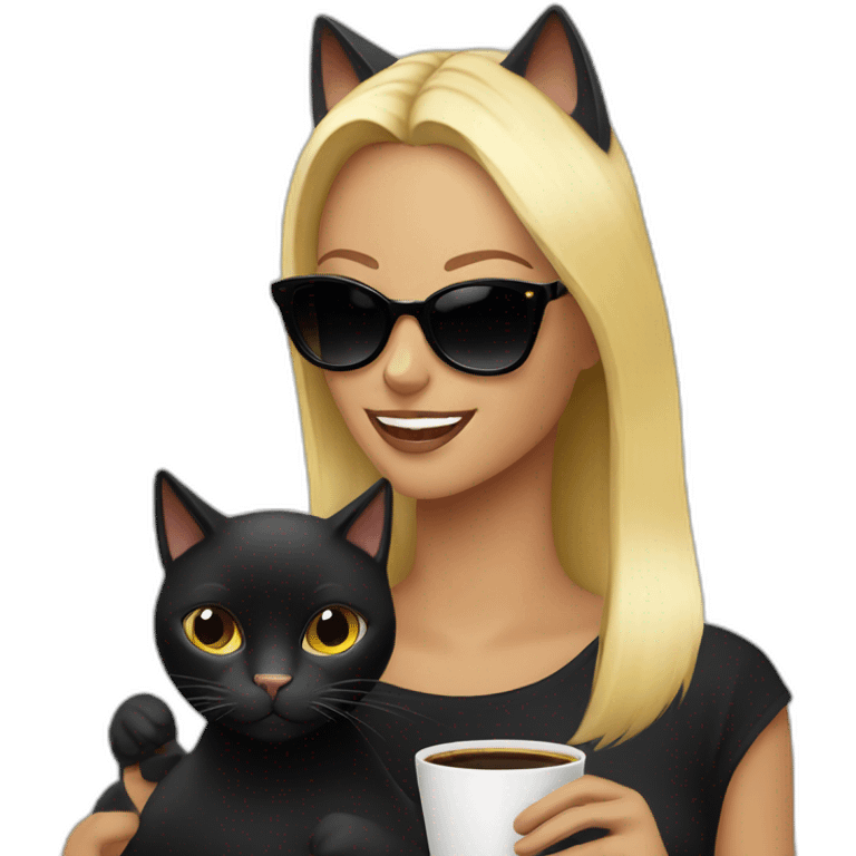 black cat with blonde woman drinking coffee and wearing sunglasses emoji