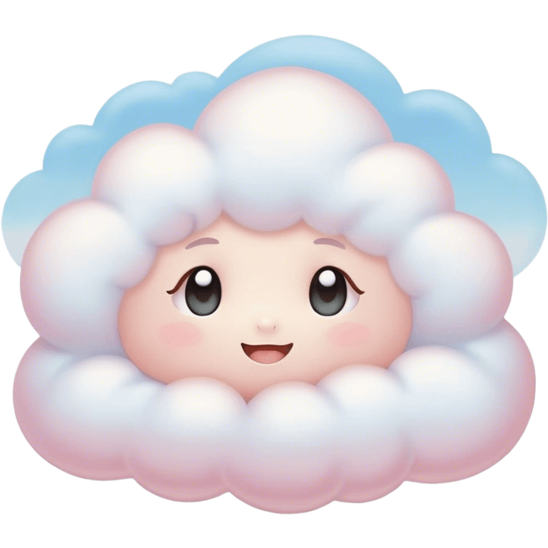 Cinematic tiny snuggly cloud, soft fluffy texture, gentle glowing edges, cute blushing cheeks, floating peacefully in a pastel sky, warm and dreamy. emoji