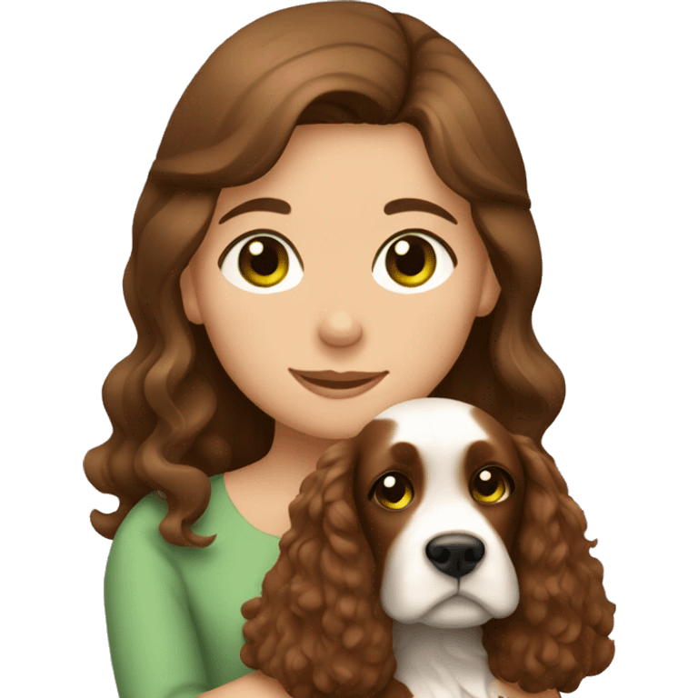 Girl with brown hair and green eyes hugging brown cocker spaniel emoji