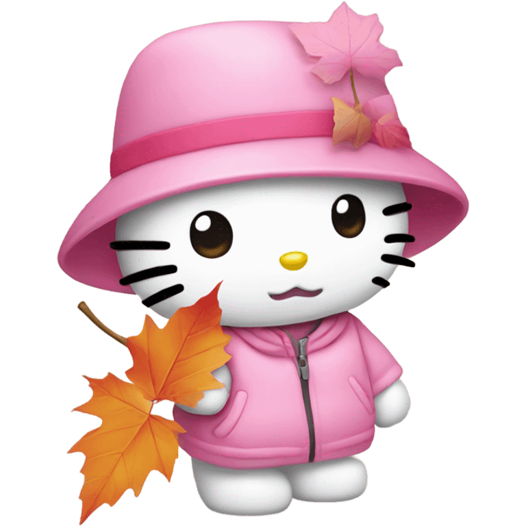 hello kitty holding pink autumn leaf emoji