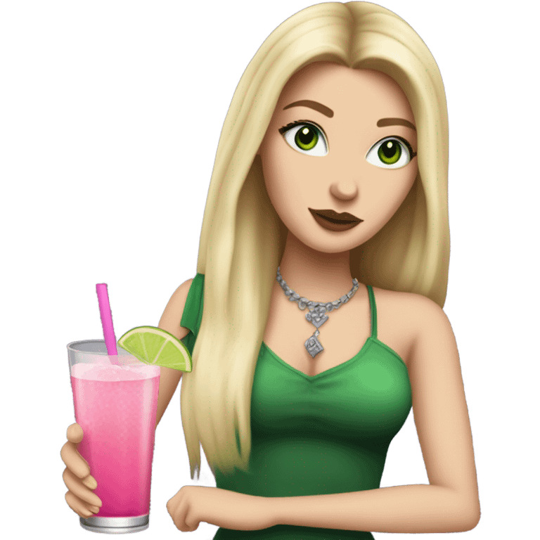 Realistic White girl with Long straight blonde hair, green eyes, tattoos, full body wearing dress and High heels, holding pink drink emoji