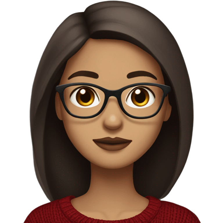 light skin, long straight dark brown hair, blue eyes, girl wearing aesthetic dark red sweater, glasses emoji