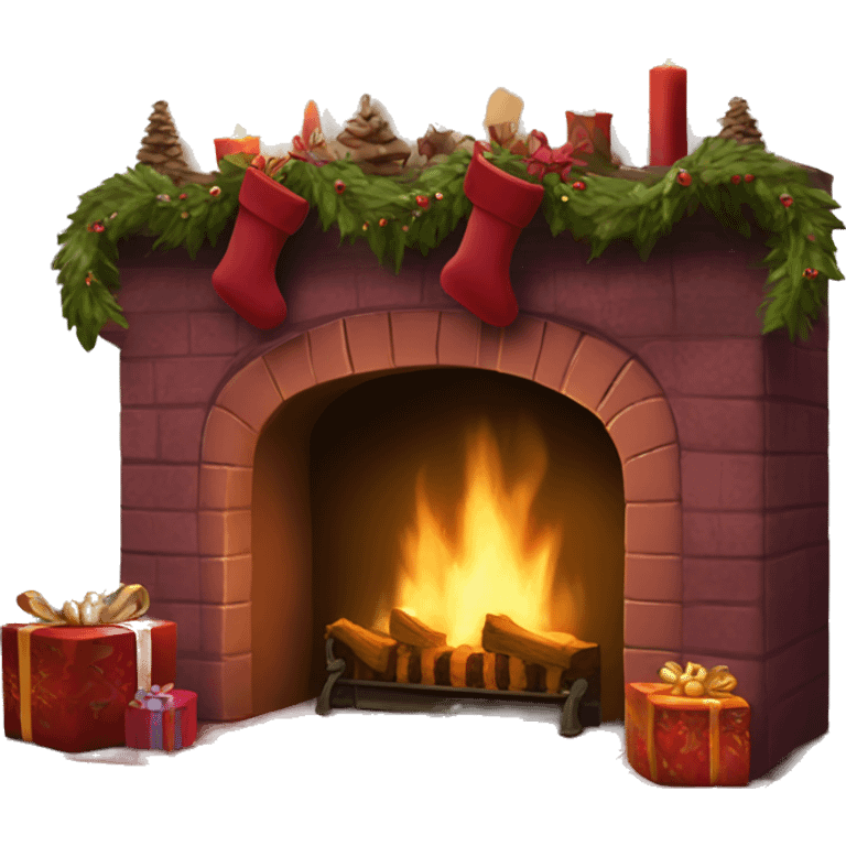 Realistic decorated burgundy Christmas fireplace emoji