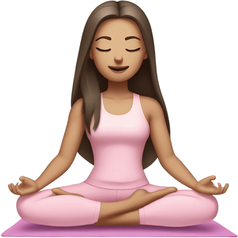 Brunette long hair and blue eyes yoga beautiful girl in light pink pink pink clothes sitting on a yoga mat with eyes closed emoji