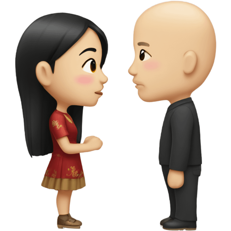 Chinese girl with dark hair kissing bald white man emoji