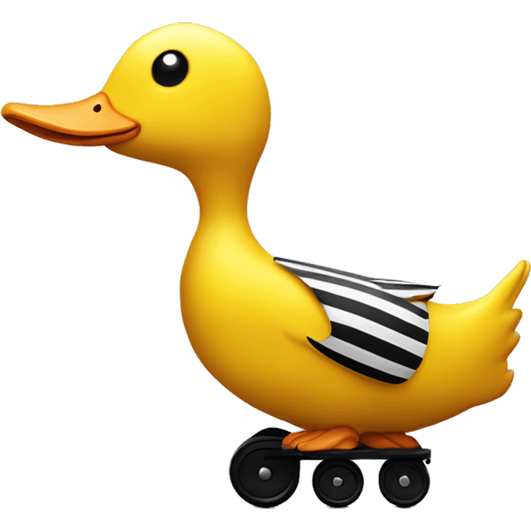 Big Yellow Duck with vertical black stripes on wooden wheels like from the book janosh. Point of view from the side 90 degrees emoji