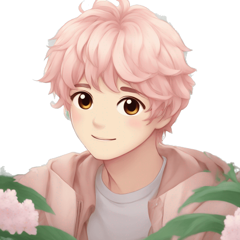 Gorgeous pastel anime style shojo guy with blushing face and flowers aesthetic trending style outside emoji