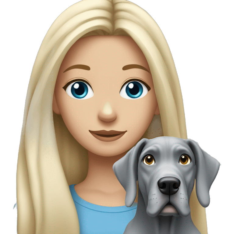 Blonde girl with blue eyes and long hair with a grey great dane dog emoji