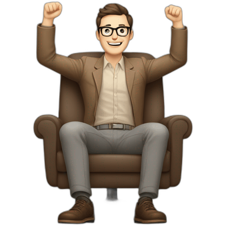 Joyful Celebrating victory Hands up Pale skinned Fit Man With dark brown hair in gray jacket, beige office shirt, Brown pants and vintage glasses sitting In a soft chair emoji