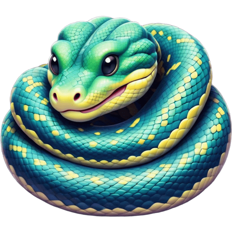 Meme-Worthy cute Sleeping Python Portrait Emoji, Head and coiled body resting peacefully with a contented smile, showcasing intricately patterned scales and eyes gently closed in serene slumber, Simplified yet comically adorable features, highly detailed, glowing with a soft, drowsy glow, high shine, relaxed and utterly lovable, stylized with an air of playful laziness, bright and heartwarming, soft glowing outline, capturing the essence of a sleeping serpent that feels destined to become the next viral icon of adorable rest! emoji