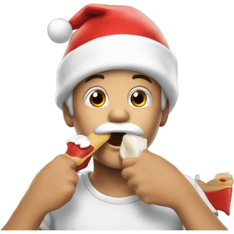 boy in santa hat eating and having a wiped cream beard emoji