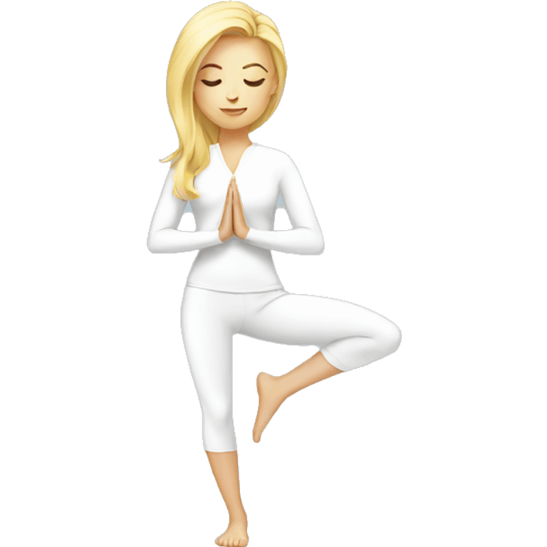 Blonde girl doing yoga in white suit  emoji