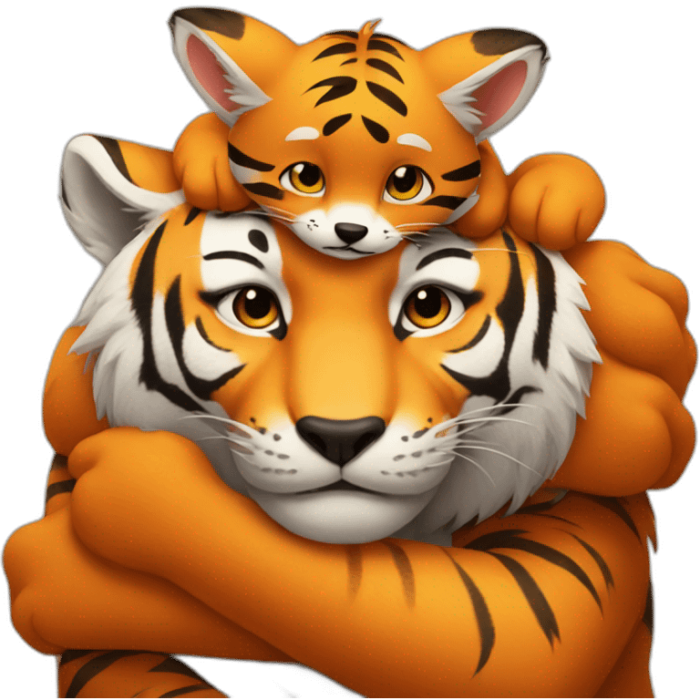 Big tiger hugs small fox tightly emoji