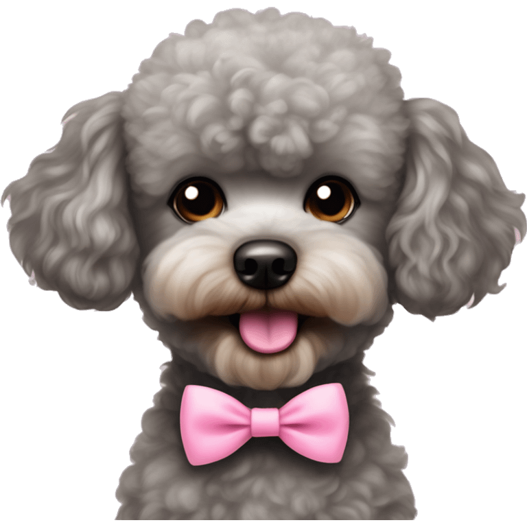 Fuzzy teddy bear face grey toy poodle big eyes pink tongue and bow tie emoji