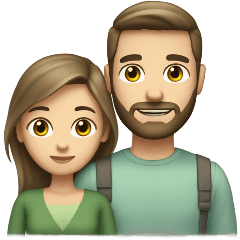 husband and wife. husband has light brown short straight hair, full beard, green eyes, olive skin. wife has medium length straight dark brown hair, hazel green eyes, pale skin emoji