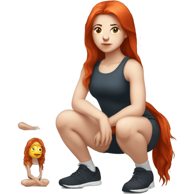 Pale girl with long red hair squatting weight emoji