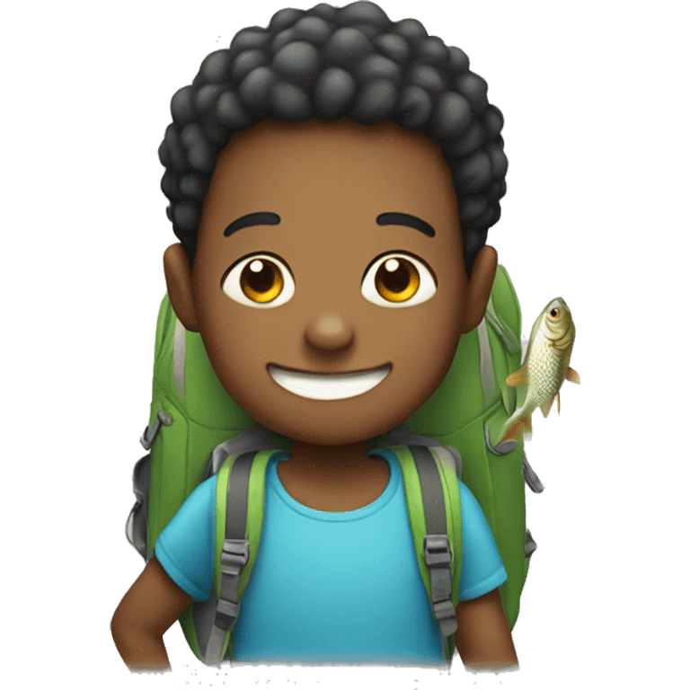 smiling boy with backpack holding a fish emoji