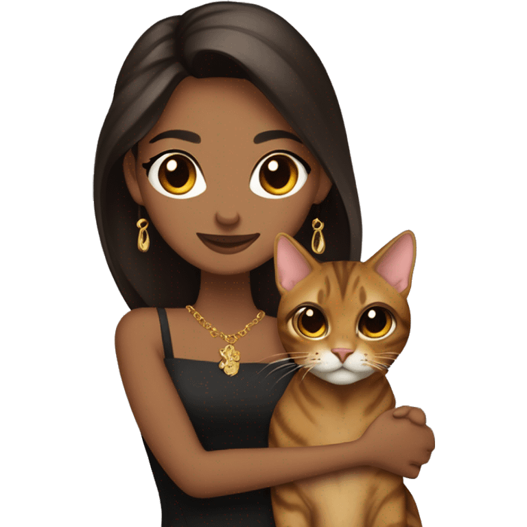  skinny beauty long dark brown hair in dark dress with gold earrings hug bengal cat emoji