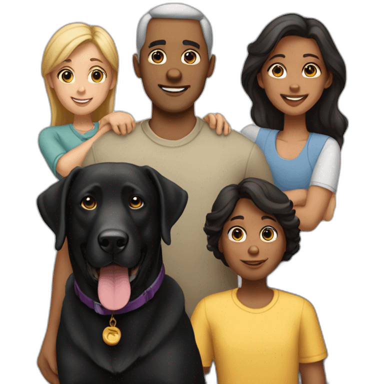 a family of 5 people with a black labrador emoji