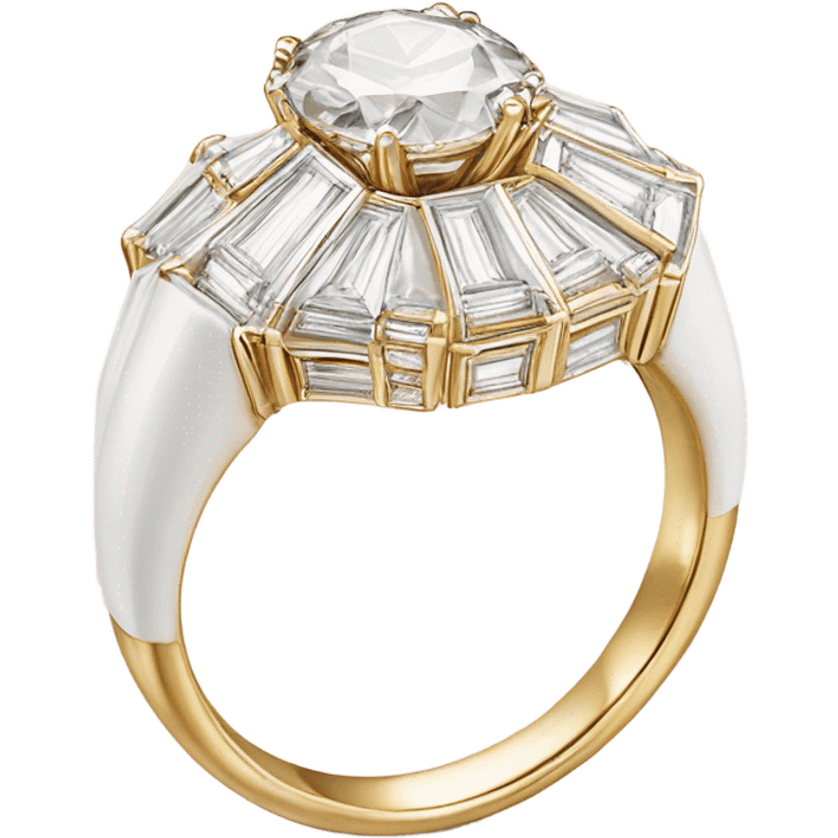 a luxurious all-white diamond ring with a round center stone and side baguette diamonds, placed inside an open, elegant square light pink velvet box with gold button details. Show a side view with bold outlines, a glossy finish emoji